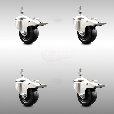 Service Caster 3 Inch 316SS Soft Rubber Swivel 3/8 Inch Threaded Stem Caster Set Lock Brake SCC SCC-SS316TSTTL20S314-SRS-381615-4